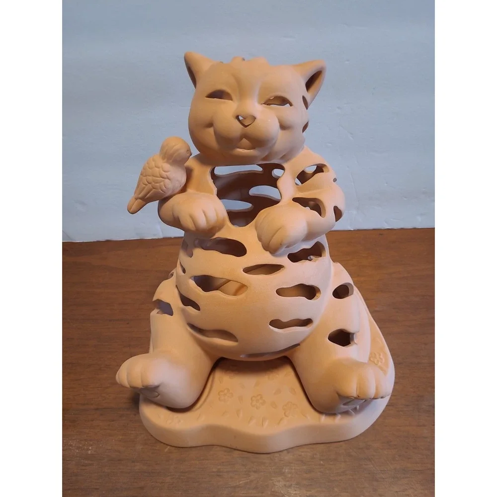 PartyLite Terra Cotta Cat w Bird Tealight Holder Luminary Best Friends